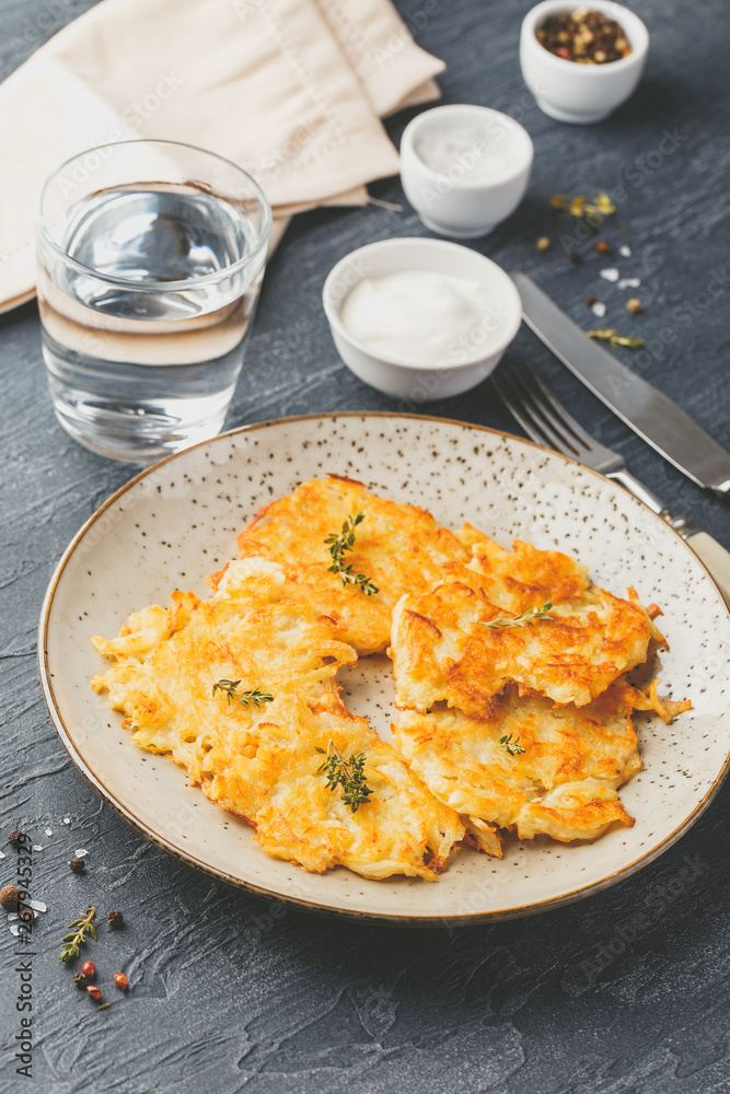 Pan-fried potato pancakes - rosti, kartoffelpuffer, latkes, draniki, hash browns Pan-fried potato pancakes - rosti, kartoffelpuffer, latkes, draniki, hash browns