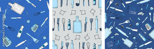 Set of hand drawn seamless pattern with Kitchen Utensils. Original doodle style drawing for actual design.