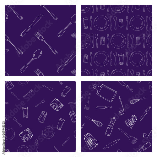 Set of hand drawn seamless pattern with Kitchen Utensils. Original doodle style drawing for actual design.