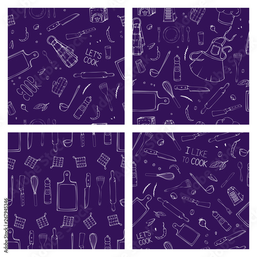 Set of hand drawn seamless pattern with Kitchen Utensils. Original doodle style drawing for actual design.