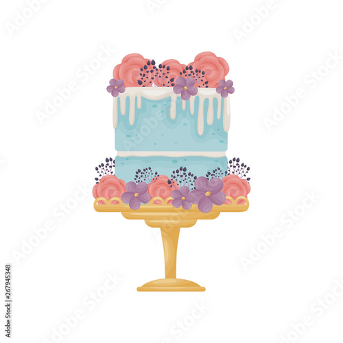 Two-tier blue cake with white glaze. Decorated with pink and purple flowers. Vector illustration on white background.