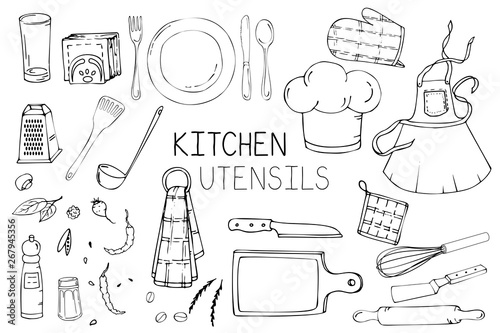 Set of hand drawn illustration with Kitchen Utensils. Actual vector drawing of coocking tools: dish, fork, spoon, knife, rolling pin, apron, cook cap, spatula, ladle and more. Doodle style drawing.