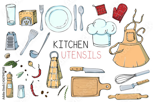 Set of hand drawn illustration with Kitchen Utensils. Actual vector drawing of coocking tools: dish, fork, spoon, knife, rolling pin, apron, cook cap, spatula, ladle and more. Doodle style drawing.
