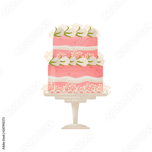 Two-tier pink cake with strips of white cream. Decorated with white flowers. Vector illustration on white background.
