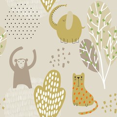 Fototapete Dschungelmuster fürs Kinderzimmer Niedliche Safari Tiere für Kinder  © Tapilipa