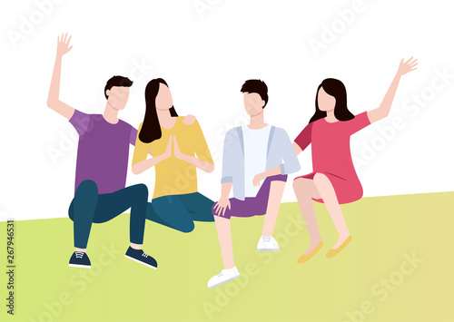 People sitting together  cheerful man and woman embracing each other and rising hands  couples in casual clothes isolated on white  friends vector