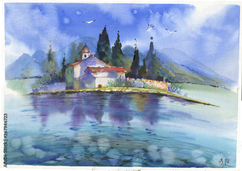 Island, watercolor painting. Montenegro