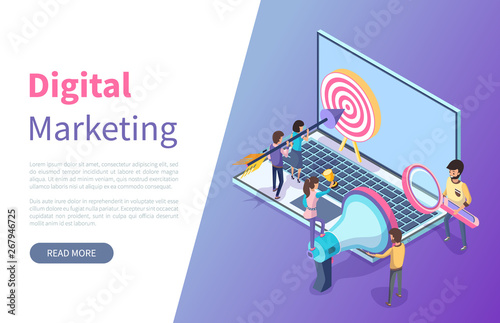 Business and digital marketing online webpage or site template vector. Internet promotion, target and arrow, laptop and loudspeaker, landing page