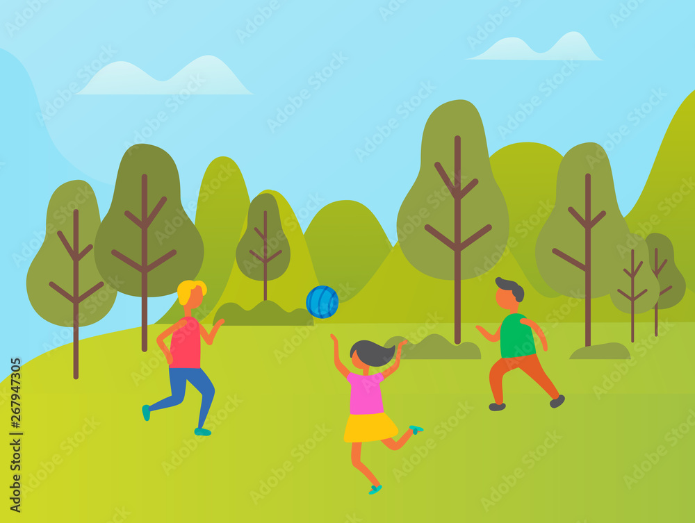 People playing volleyball outdoor, friends or family in sportwear relaxing, cloudy sky and green forest. Full length view of girls and boy vector