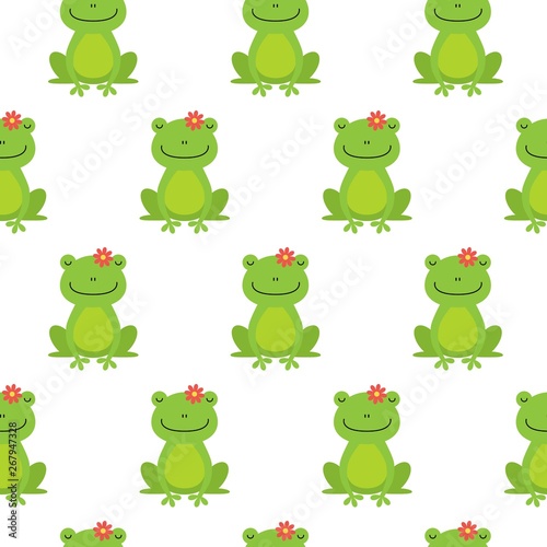 Nice happy cartoon seamless vector pattern with frogs and flowers