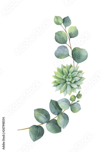 Watercolor vector wreath with eucalyptus leaves and succulents.