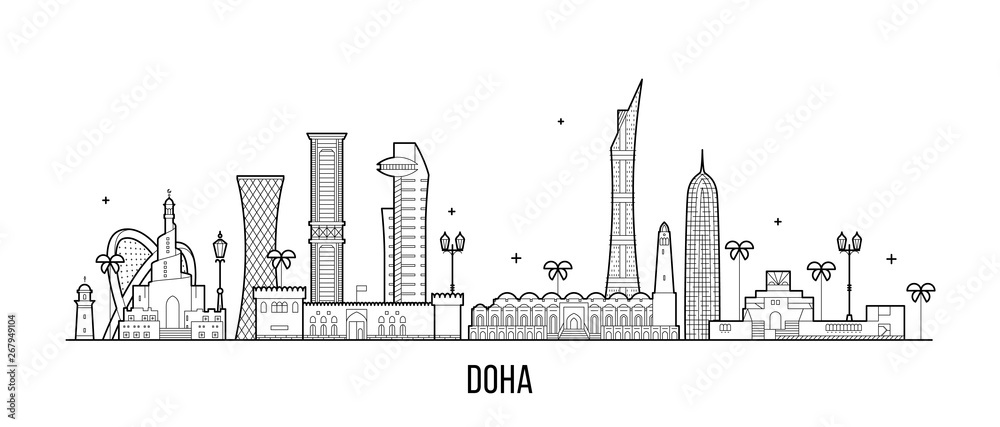 Doha skyline Qatar city buildings vector linear