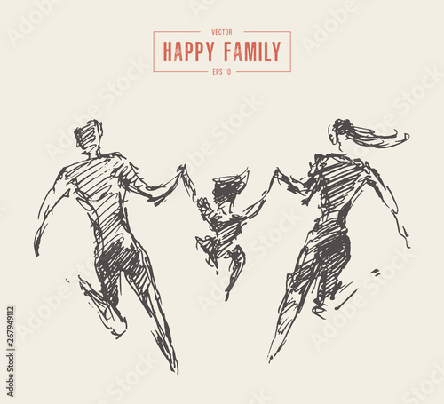 Mother father child silhouette happy family vector