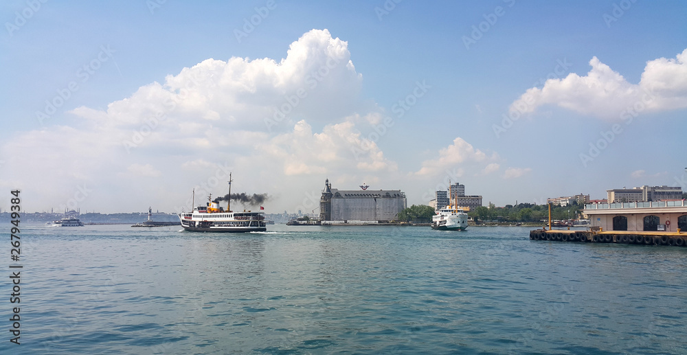 Kadikoy, Istanbul sea view with Ferry Boat and Haydarpasa Station.