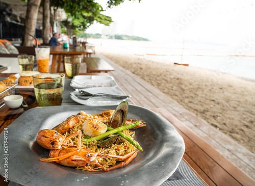 Paella sea food beside the sea