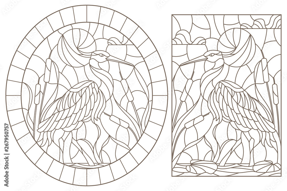 Set of contour illustrations of stained glass Windows with herons on the background of the swamp, dark contours on a white background Set of contour illustrations of stained glass Windows with herons on the background of the swamp, dark contours on a white background