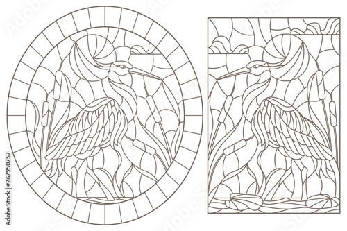 Set of contour illustrations of stained glass Windows with herons on the background of the swamp, dark contours on a white background