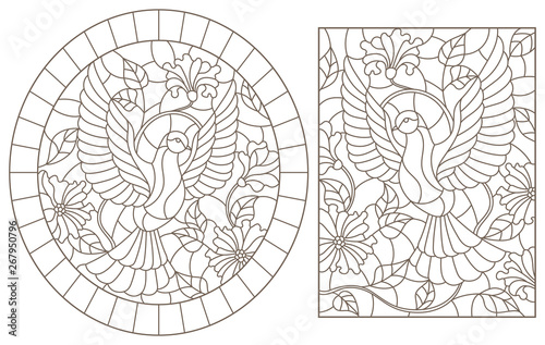 A set of contour illustrations of stained glass Windows with flying pigeons on a background of colors, dark contours on a white background