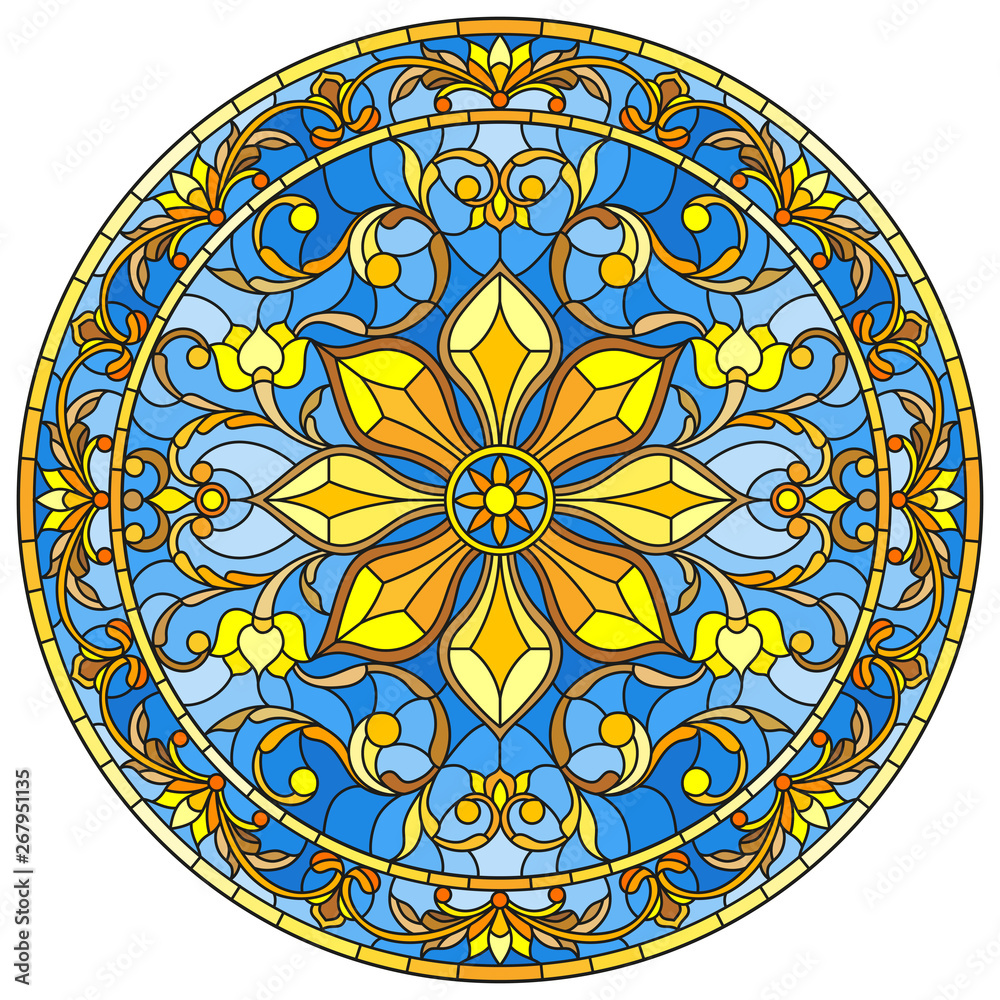 Illustration in stained glass style, round mirror image with floral ornaments and swirls Illustration in stained glass style, round mirror image with floral ornaments and swirls