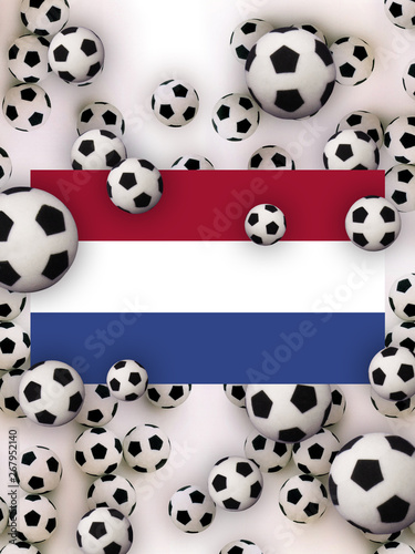 Football 2020. Netherlands  flag on a white background with football balls. Host of the championship in Europe. Netherlands  Amsterdam. 3D illustration
