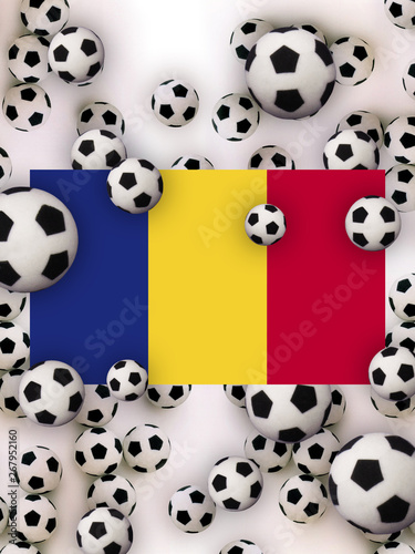 Football 2020. Romanian flag on a white background with football balls. Host of the championship in Europe. Romania  Bucharest. 3D illustration