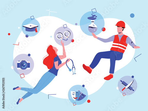 Reskilling concept: young man and woman facing new career opportunities. Male and female choosing new profession to learn among construction, medicine, theater, cooking, police, science, photography.