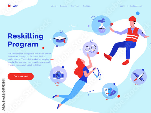 Reskilling program first screen on HR or job agency website. Continuing education. Male and female choosing new profession among construction, medicine, theater, cooking, police, science, photography.