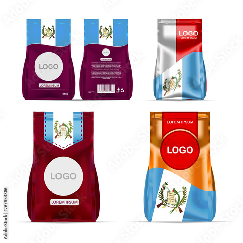Fototapeta Naklejka Na Ścianę i Meble -  Foil food snack sachet bag packaging for coffee, salt, sugar, pepper, spices, sachet, sweets, chips, cookies colored in national flag of Guatemala. Made in Guatemala