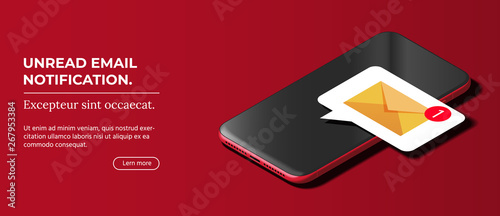 Shiny Mobile Cellphone with Notification of a New Email on the Screen. Modern Smart Phone Lies on Smooth Dark Red Surface in Isometric View. Realistic Vector Illustration of Smartphone.