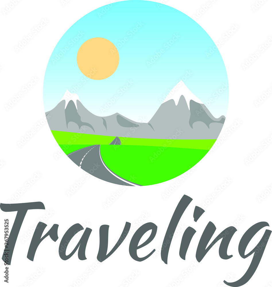 Summer traveling concept logo. Landscape with road to village. Way through country fields. Nature, mountains, hills and sunlight. Template adventure and wanderlust. Inspirational lettering.