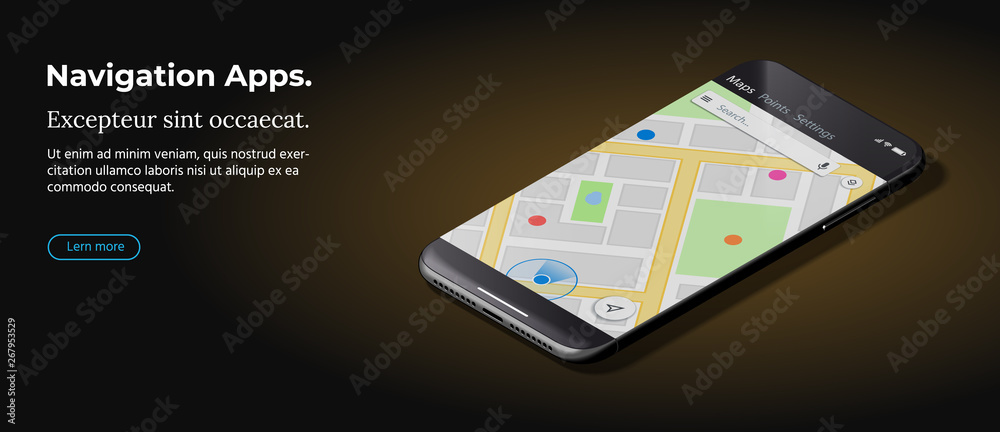 GPS Map Navigation App. New Shiny Mobile Cellphone with Tracking Dashboard on Screen. Modern Smart Phone on Smooth Dark Brown Surface in Isometric View. Realistic Vector Illustration of Smartphone. - obrazy, fototapety, plakaty 