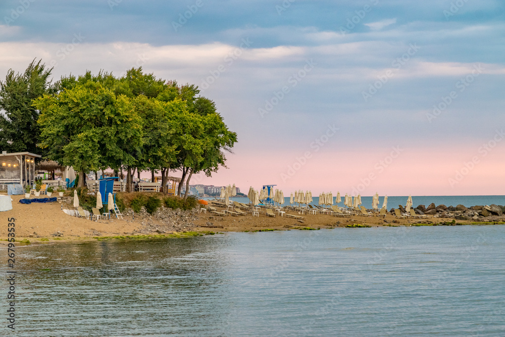 Sunrise at the beach in Sunny Beach on the Black Sea coast of Bulgaria