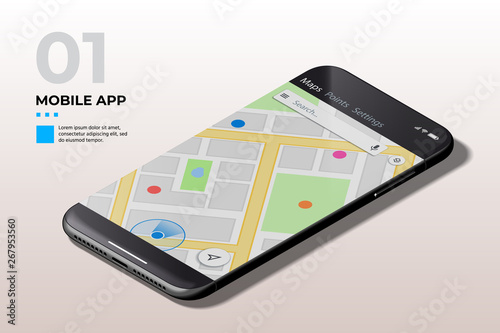 Geolacation Concept. Modern Mobile Cell Phone with GPS Map UI, UX and GUI Template. Template for E-commerce, Responsive Website and Mobile Apps.