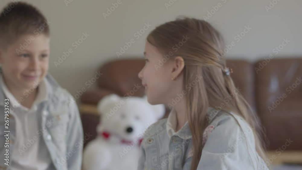 Twin brother naughty boy playing pulling the hair of his cute sister and smiling in cozy living room Twin brother naughty boy playing pulling the hair of his cute sister and smiling in cozy living room