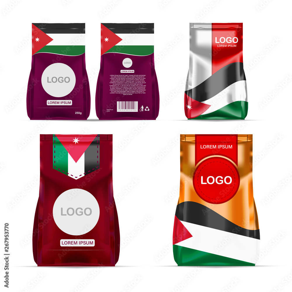 Foil food snack sachet bag packaging for coffee, salt, sugar, pepper, spices, sachet, sweets, chips, cookies colored in national flag of Jordan. Made in Jordan Foil food snack sachet bag packaging for coffee, salt, sugar, pepper, spices, sachet, sweets, chips, cookies colored in national flag of Jordan. Made in Jordan
