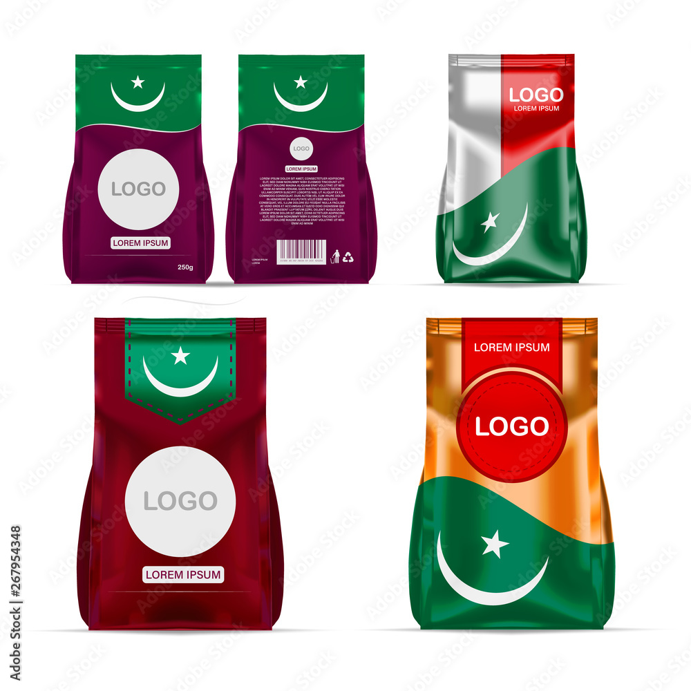Foil food snack sachet bag packaging for coffee, salt, sugar, pepper, spices, sachet, sweets, chips, cookies colored in national flag of Mauritania. Made in Mauritania Foil food snack sachet bag packaging for coffee, salt, sugar, pepper, spices, sachet, sweets, chips, cookies colored in national flag of Mauritania. Made in Mauritania