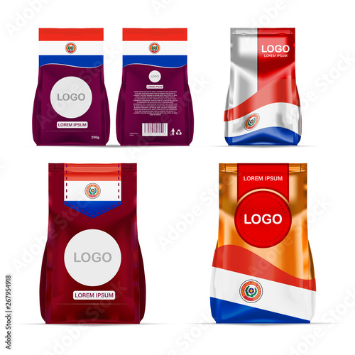 Fototapeta Naklejka Na Ścianę i Meble -  Foil food snack sachet bag packaging for coffee, salt, sugar, pepper, spices, sachet, sweets, chips, cookies colored in national flag of Paraguay. Made in Paraguay