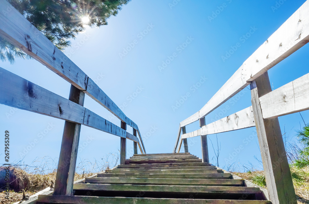 The wooden staircase seems to go to heaven. The concept of achieving success, recovery. There is a place for text and insert various objects. Background for collage. Bright blue sky, sunny afternoon. The wooden staircase seems to go to heaven. The concept of achieving success, recovery. There is a place for text and insert various objects. Background for collage. Bright blue sky, sunny afternoon.