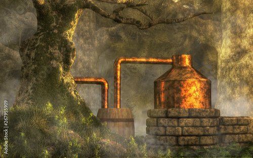In a dense forest with moss covered trees, a bootlegger has constructed a moonshine still from stone, copper, and a couple of wooden barrels is for making illegal, back-woods whiskey. 3D Rendering  photo
