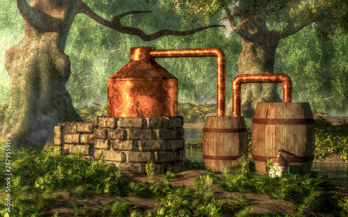 In a dense forest with moss covered trees, a bootlegger has constructed a moonshine still from stone, copper, and a couple of wooden barrels. A stream meanders through the woods nearby.  3D Rendering 