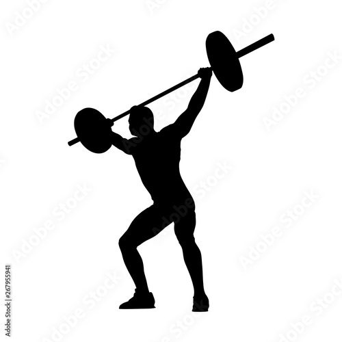 Weightlifting. Weight lifter lifts big barbell, isolated vector silhouette