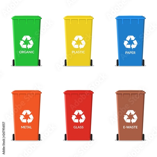 Set of recycling garbage containers. Rubbish bins for trash sorted by organic, plastic, paper, metal, glass, e-waste. Waste types segregation recycling.