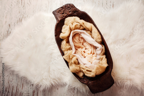 Digital backdrop... Wooden newborn bowl, with fluffy wool and white sheepskin rug