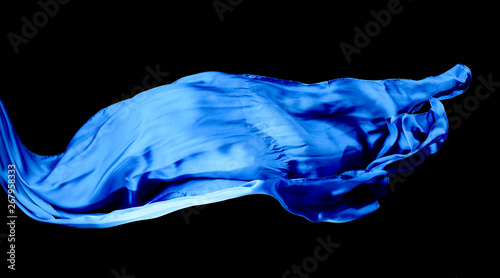 Smooth elegant blue transparent cloth isolated on black background.