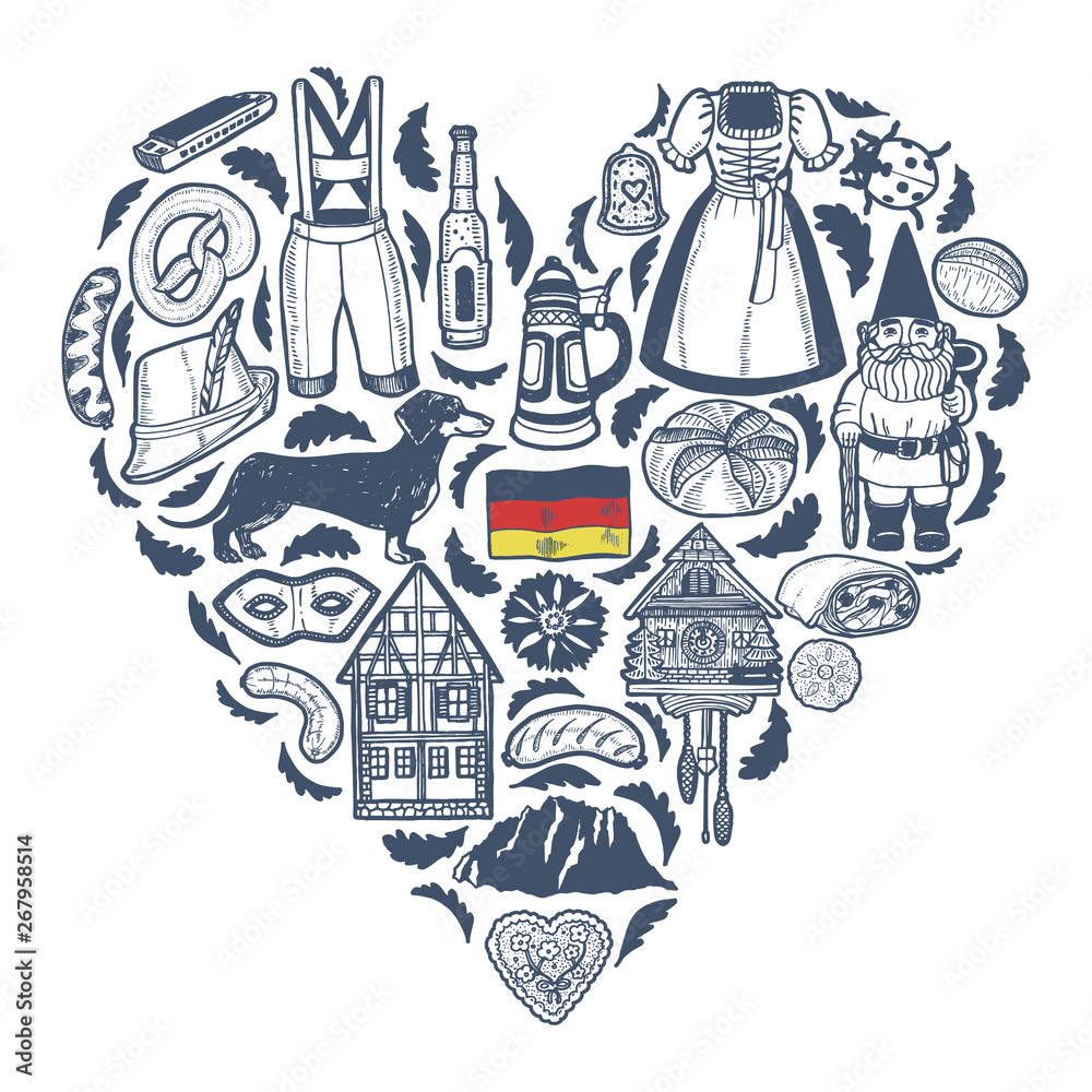 Fototapeta premium German Symbols Heart Composition in Hand Drawn Style
