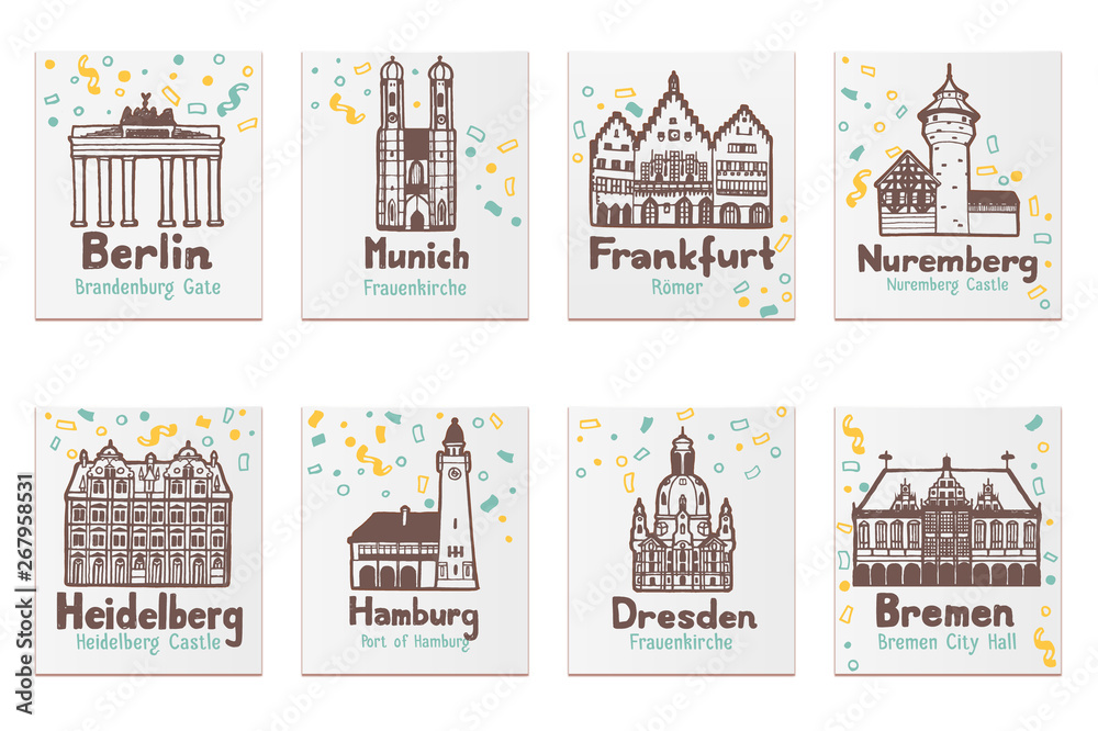 Cards with German Famous Landmarks in Hand Drawn Style