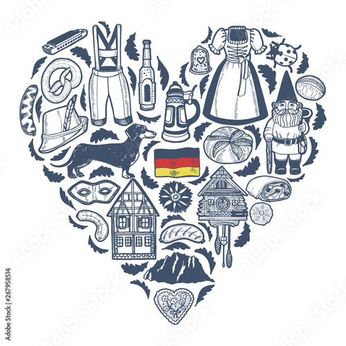 German Symbols Heart Composition in Hand Drawn Style