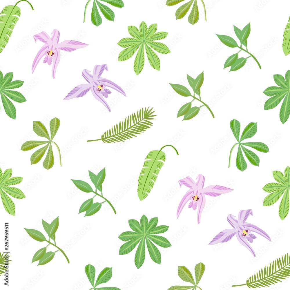 Seamless Pattern with Plants and Flowers in Jungle Seamless Pattern with Plants and Flowers in Jungle