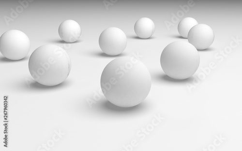 White abstract background. Set of white balls isolated on white backdrop. 3D illustration