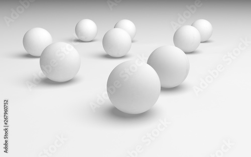 White abstract background. Set of white balls isolated on white backdrop. 3D illustration